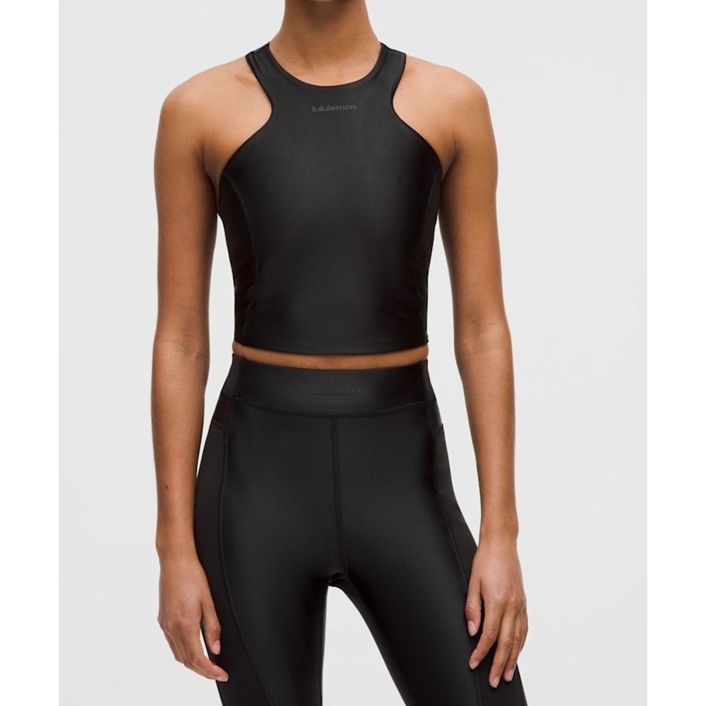 Lululemon Satin Shine Tank Top Wordmark Logo Black Cropped Racerback 12 NWT
